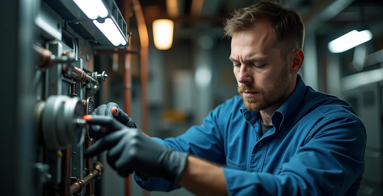 Technicien inspectant un système de ventilation commercial avec outils de diagnostic