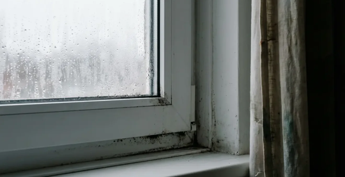 Condensation sur vitre PVC avec traces de moisissures dans le coin du cadre