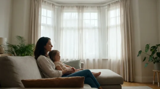 Mère et enfant respirant sereinement dans un séjour lumineux avec plantes vertes