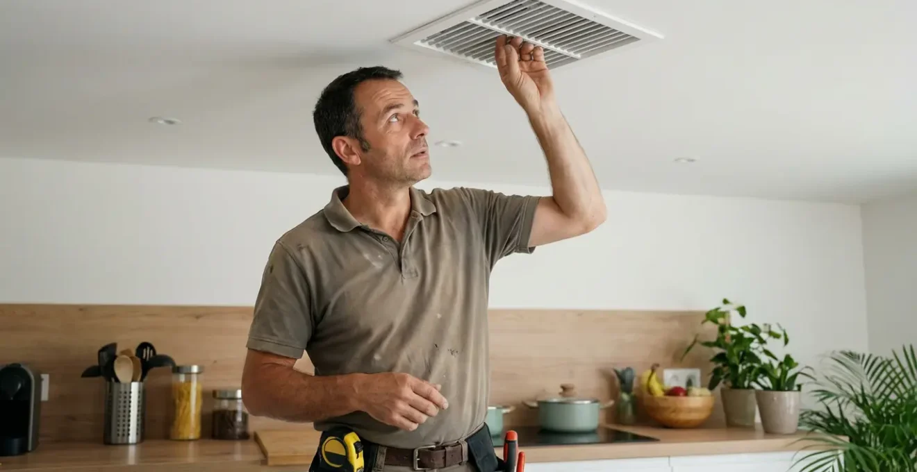 Technicien ventilation inspectant une grille VMC au plafond d'une cuisine