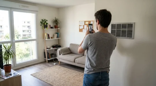 Personne de dos examinant une grille de ventilation murale dans un salon contemporain lumineux