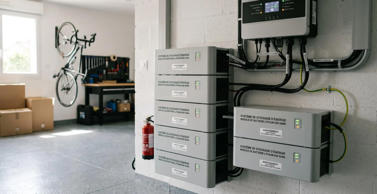Système modulaire de batteries lithium-ion pour stockage résidentiel installé dans un garage, modules blancs empilés verticalement, connexions professionnelles à onduleur hybride, installation propre et conforme aux normes