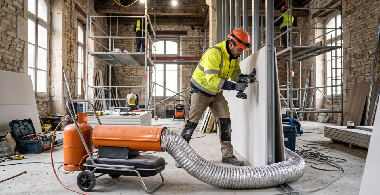 Chantier de construction français avec générateur d'air chaud mobile au propane et artisan en train de travailler