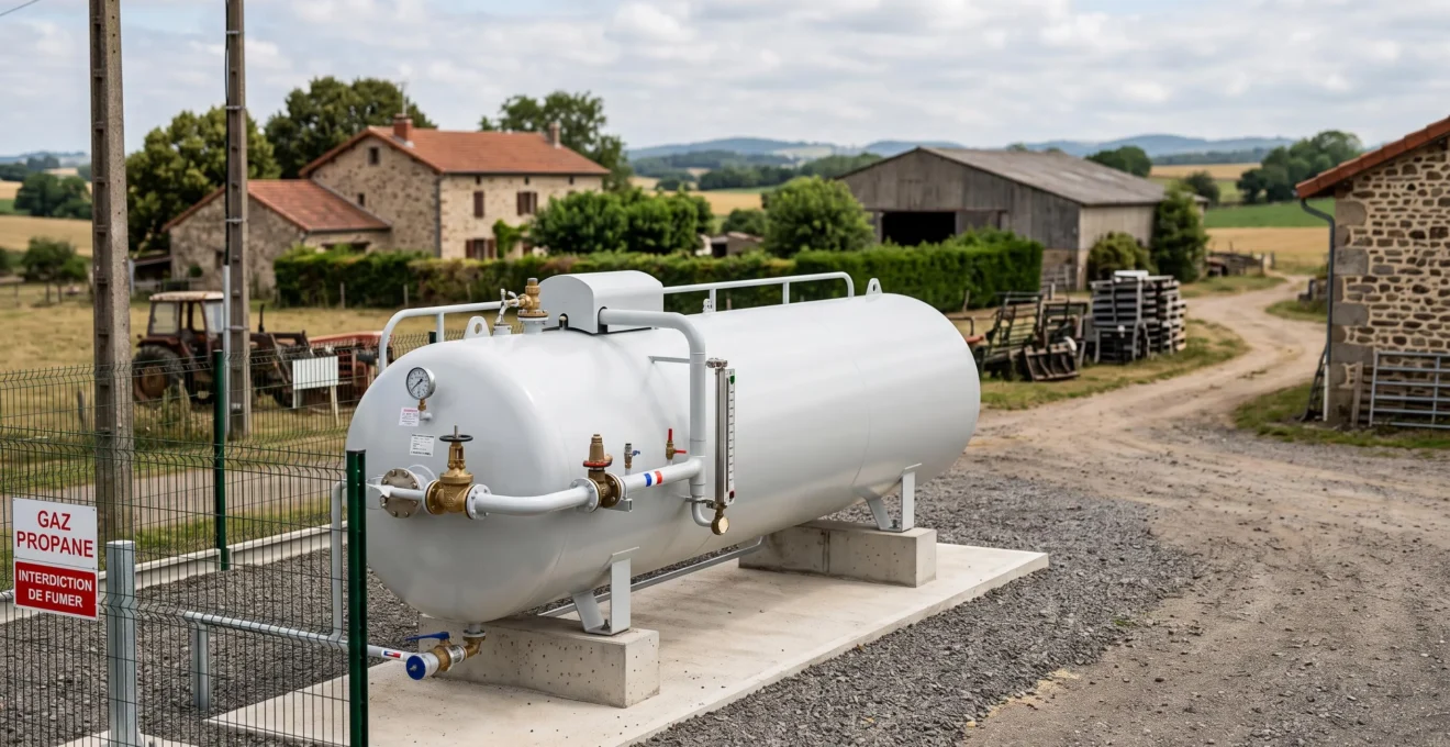 Citerne aérienne de stockage de gaz propane professionnel installée sur un site rural français avec bâtiments agricoles en arrière-plan