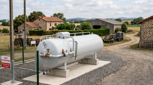 Citerne aérienne de stockage de gaz propane professionnel installée sur un site rural français avec bâtiments agricoles en arrière-plan