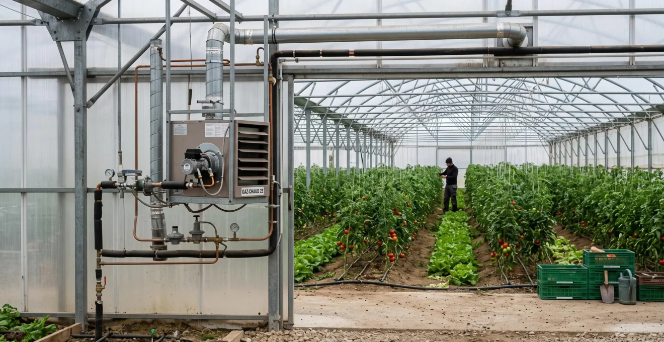 Intérieur d'une serre maraîchère professionnelle avec cultures de légumes et système de chauffage au propane installé
