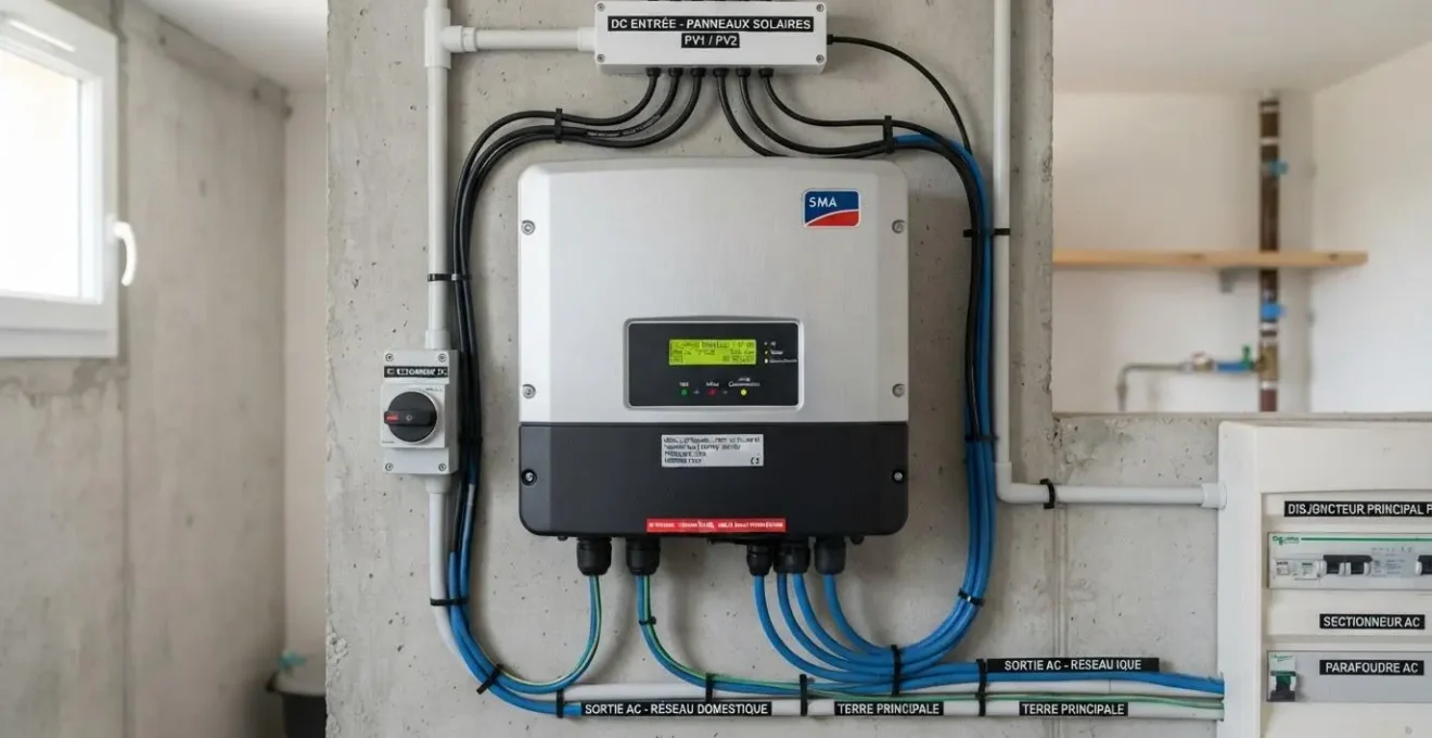 Onduleur photovoltaïque professionnel monté sur mur de local technique résidentiel, câbles DC et AC organisés, écran affichant données de production en temps réel, installation conforme aux normes électriques françaises