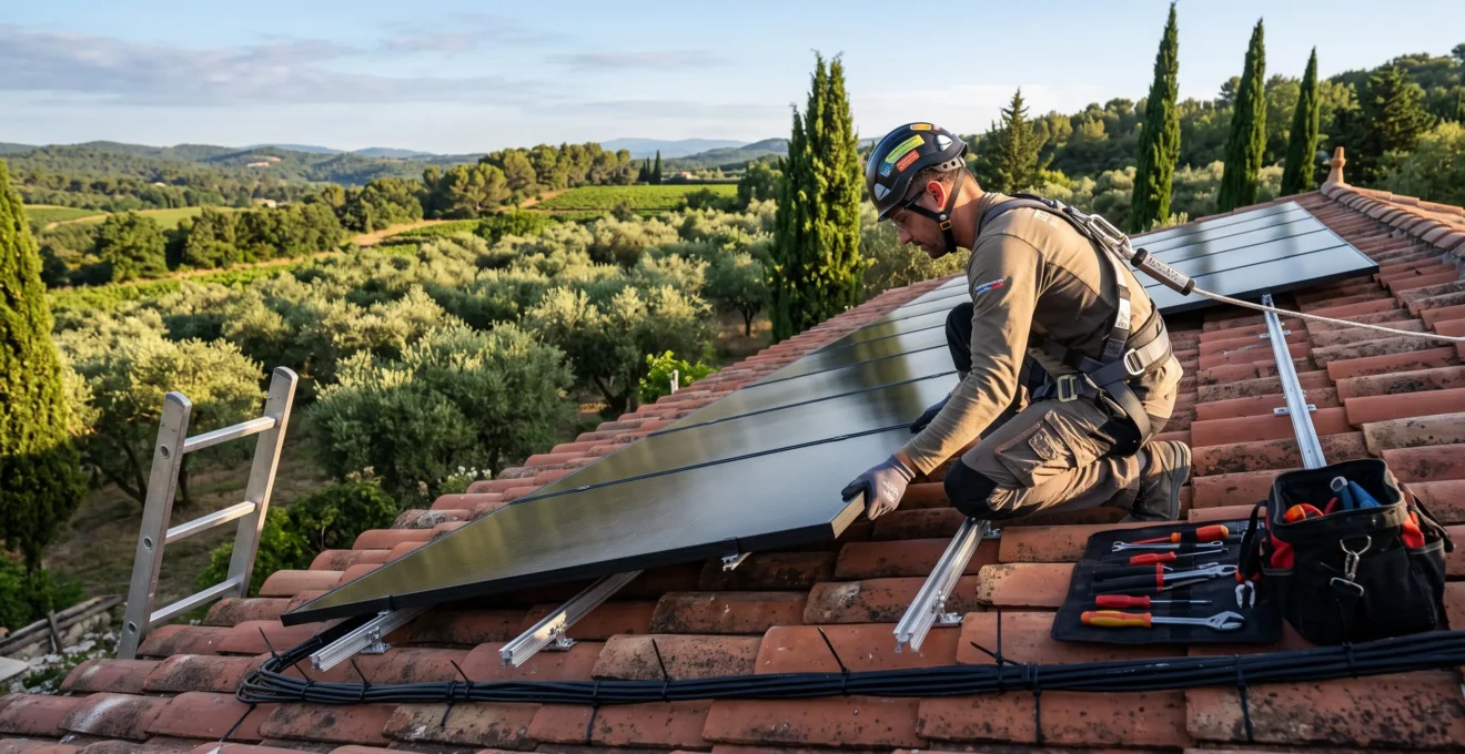 Technicien en équipement de sécurité installant un panneau photovoltaïque monocristallin noir sur une toiture en tuiles rouges dans le sud de la France, lumière matinale dorée, arrière-plan collines méditerranéennes avec oliviers et cyprès