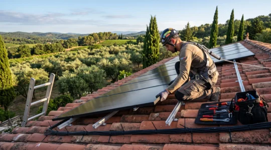 Technicien en équipement de sécurité installant un panneau photovoltaïque monocristallin noir sur une toiture en tuiles rouges dans le sud de la France, lumière matinale dorée, arrière-plan collines méditerranéennes avec oliviers et cyprès