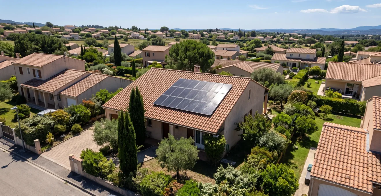 Vue aérienne d'une toiture résidentielle dans le sud de la France équipée de panneaux photovoltaïques monocristallins noirs sur tuiles rouges, orientation sud-ouest optimale, intégration architecturale soignée, contexte périurbain méditerranéen avec végétation